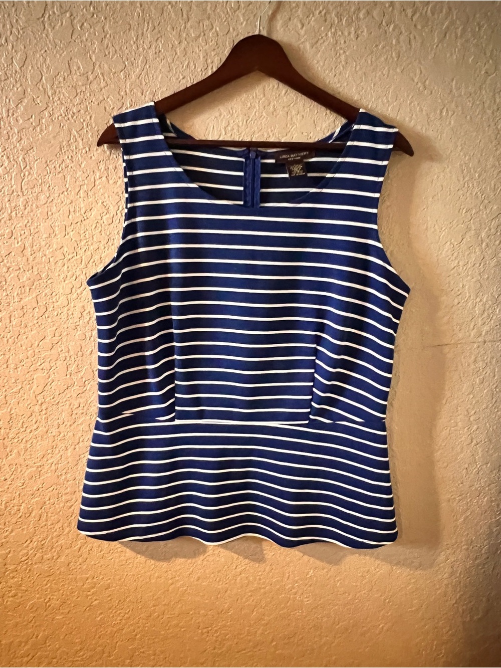 L Striped Navy & White Sleeveless Peplum Top